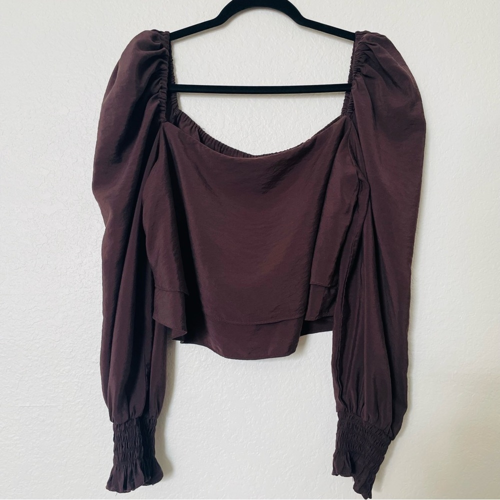 Gianni bini woman’s cropped blouse size Large brown feminine balloon sleeve chic